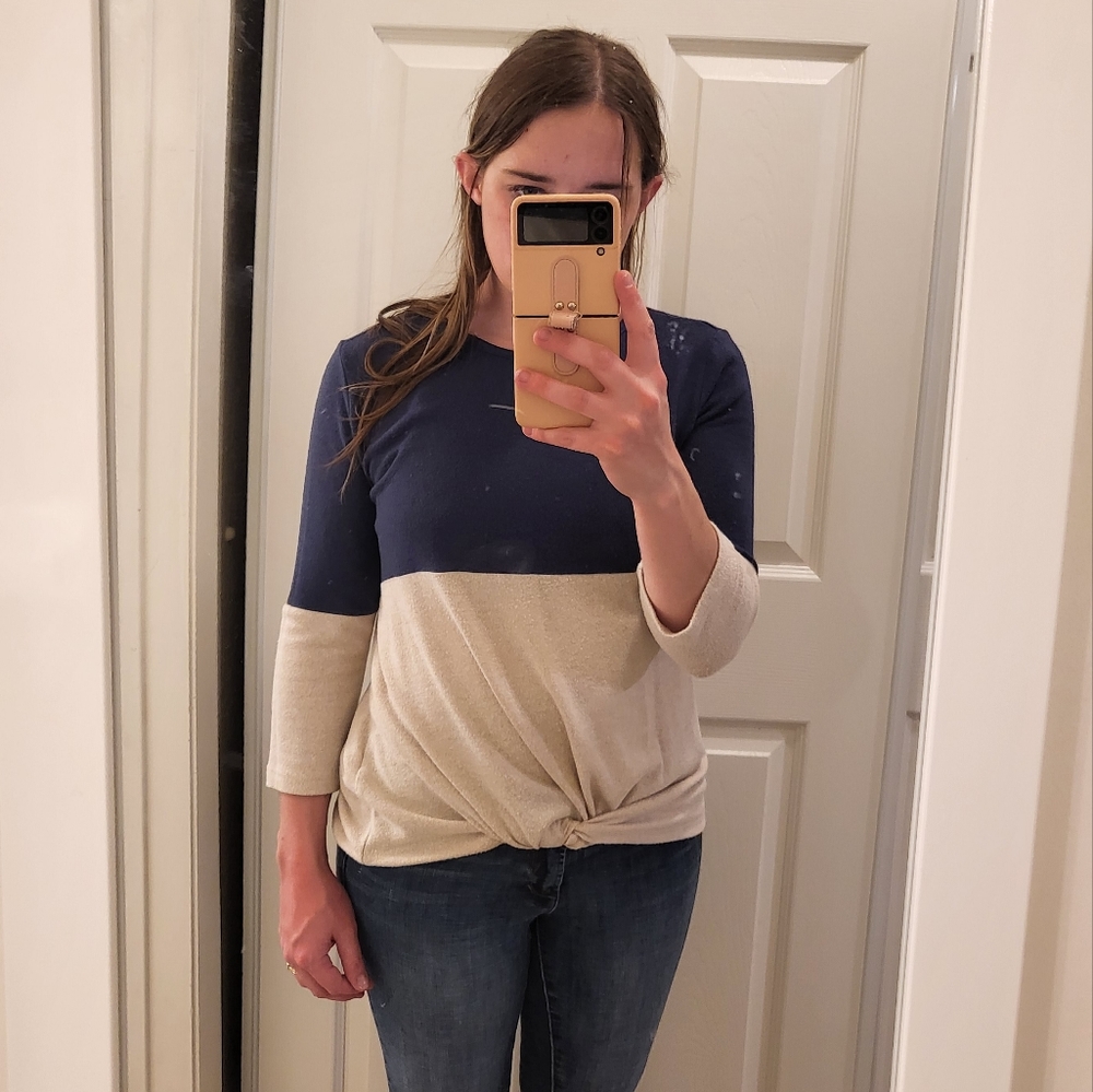 Navy and Cream Women's Top